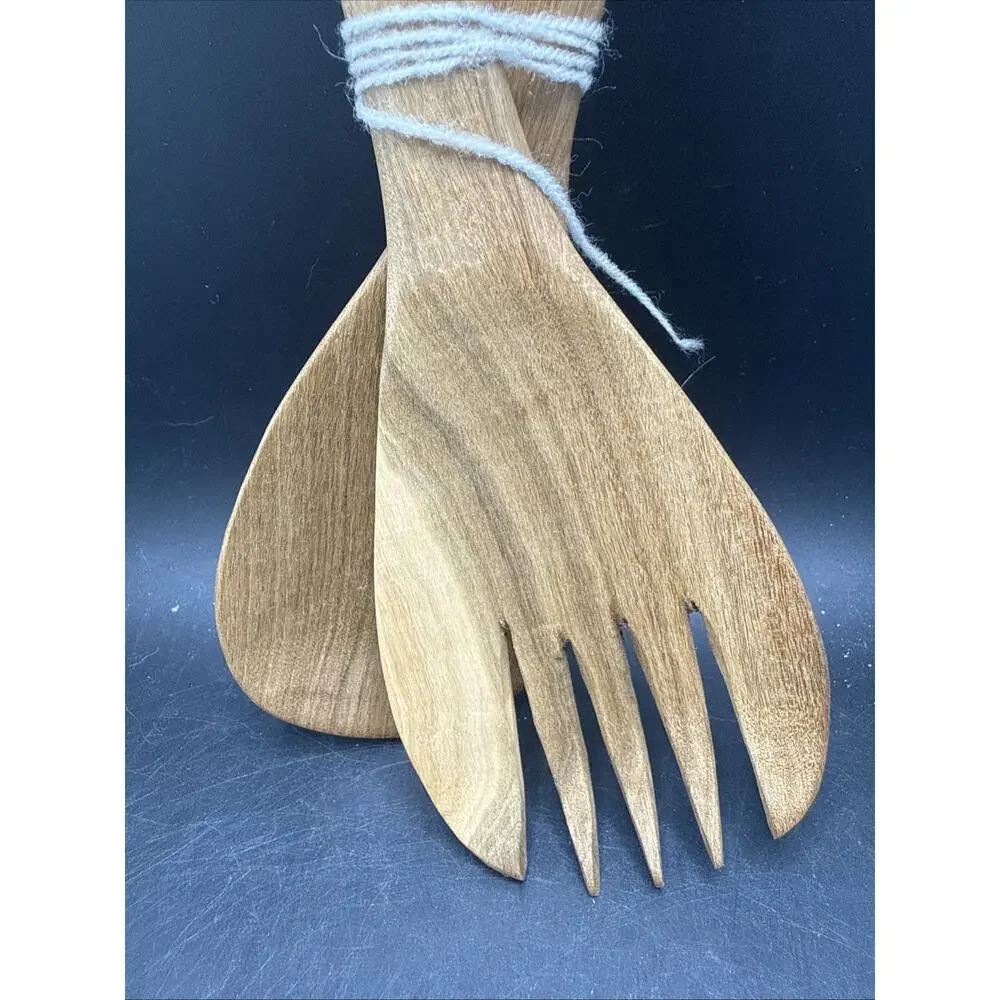 Vintage Hand Carved Wooden Rhinoceros Salad Serving Spoon Fork Teak Wood Set